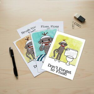 Bathroom Reminder Prints Sock Monkeys Don't Forget to Flush Wash Your Hands 5x7
